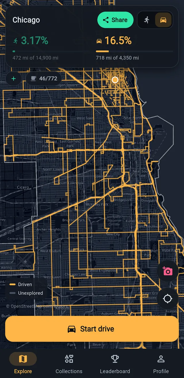 The driving map of Chicago with the roads driven in amber across the city. The header shows 16.5% of the city explored by car.