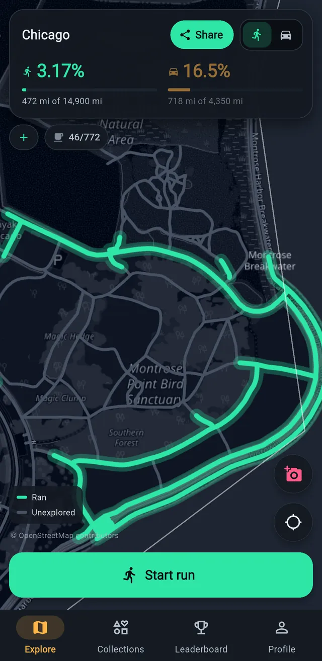 The app's map of Chicago: the paths through Montrose Point Bird Sanctuary that were run glow green and the rest are grey. The header shows 3.17% of the city explored on foot.