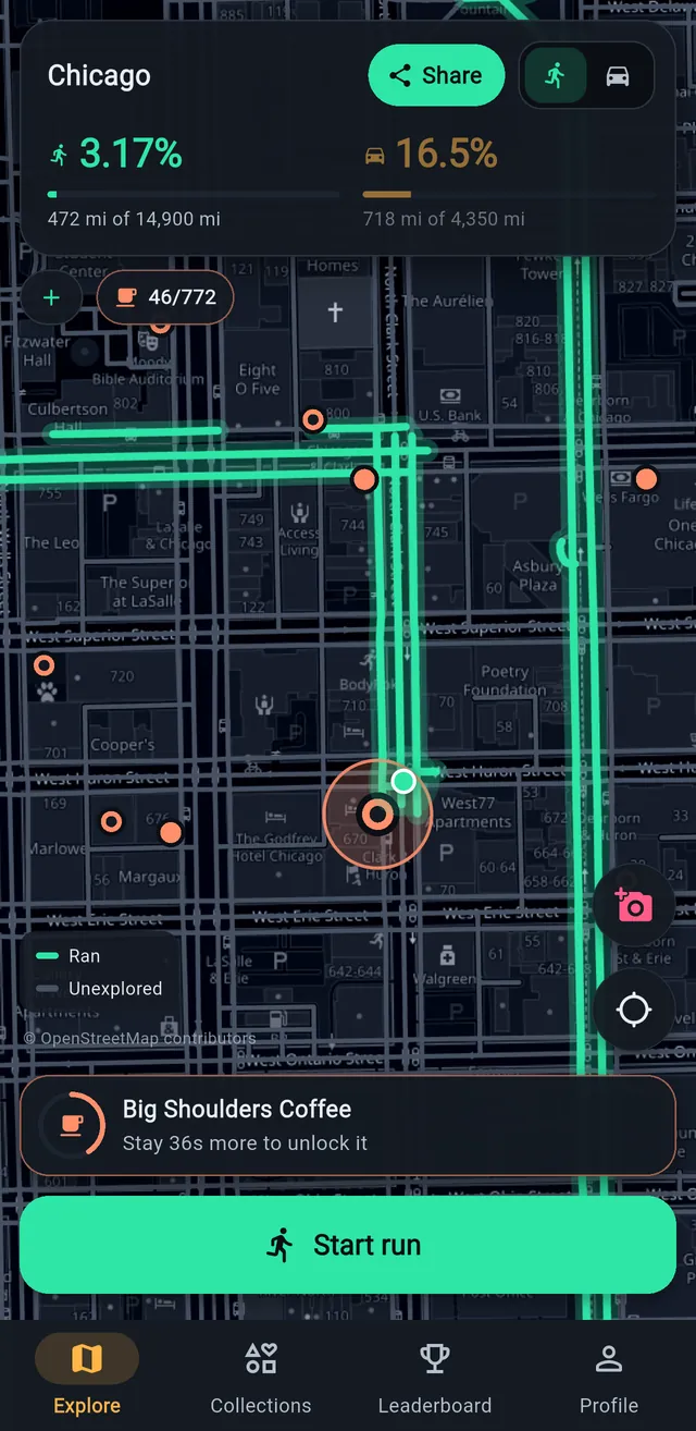 The coffee shops collection on the map of River North, Chicago: visited coffee shops are filled dots, the others are rings, and a card shows the visit to Big Shoulders Coffee being unlocked.