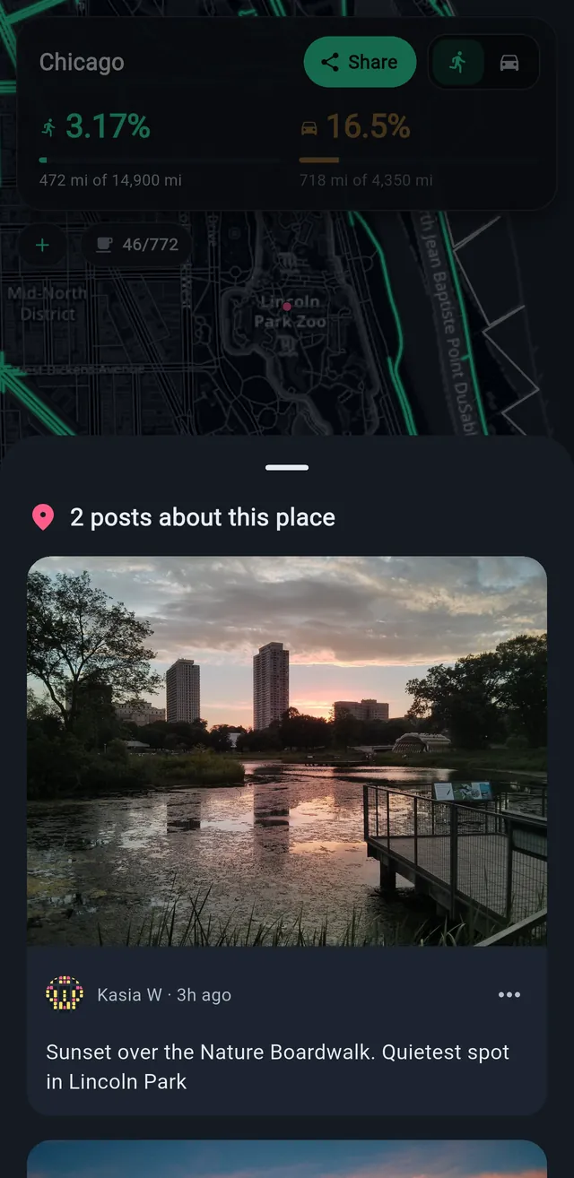 Two posts about a place in Lincoln Park, Chicago: a sunset photo over the Nature Boardwalk with the comment &ldquo;Quietest spot in Lincoln Park&rdquo;.